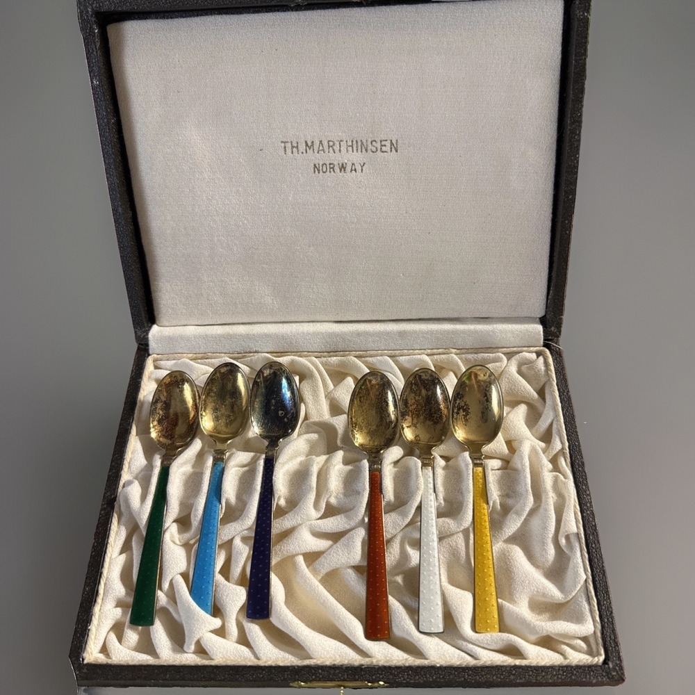 Vintage Th Marthinsen Norway Sterling Silver Guilloche Enamel Spoons Set 6 Box